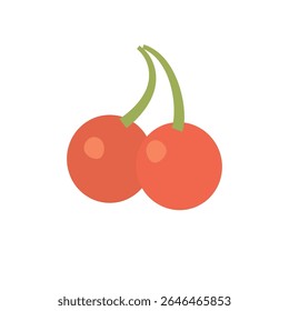 Vector Illustration of Two Red Cherries with Green Stems and Glossy Surface Isolated on White Background