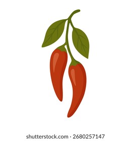 Vector illustration of two red chili peppers with green leaves in flat cartoon style.