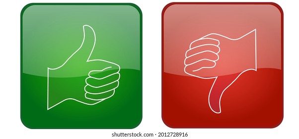 ilustración vectorial de los dos botones rojo y verde brillante con las manos con el pulgar hacia arriba y hacia abajo aislado en el fondo blanco.