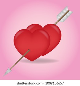 vector illustration of two red hearts pierced by one arrow diagonally