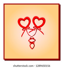 vector illustration two red hearts with bows on springs in a gradient frame on a white background for a congratulation with March 8 or St. Valentine's Day.