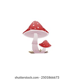 Vector illustration of two red mushrooms with white spots, one large and one small, standing on a grassy patch. Suitable for game design, educational materials, or nature-themed projects.