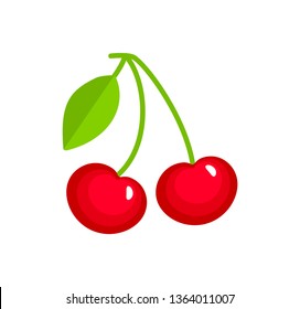 Vector illustration of two red ripe cherries with stem & leaves. Flat icon of organic fresh berries. Isolated object on white background 