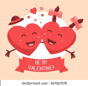 Vector illustration of two red smiling hearts with ribbon and text on pink background. Art design for Valentine's Day greetings and card, web, banner, poster, flyer, brochure, print.  