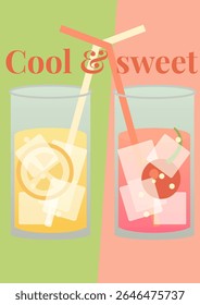 Vector Illustration of Two Refreshing Summer Drinks with Ice and Fruit – Cool and Sweet Postcard Design