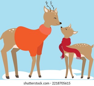 Vector illustration of two reindeers in orange christmas sweater and red scarf in cartoon style