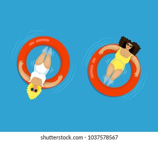 Vector illustration of two relaxed women swimming in the water with pool floats