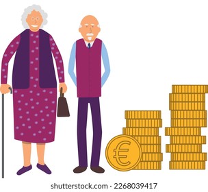 vector illustration of two retired elderly people standing next to a stack of euros. Symbol of pensioners earning little money with their retirement pension.
