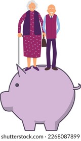 vector illustration of two retired elderly people standing on top of a giant piggy bank. Symbol of seniors who have financial difficulties.
