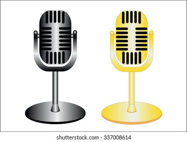 The vector illustration of the two retro metallic microphones, isolated in  the white background