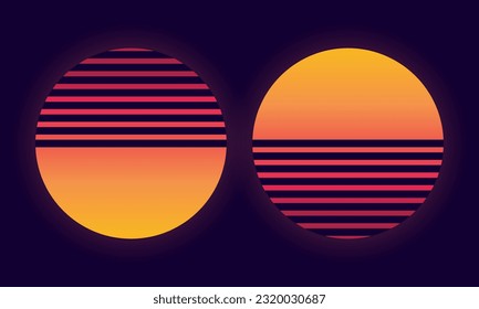 Vector illustration of two retro suns. Futuristic background with sunset. Trendy design for sci-fi, cyber abstract poster, print. - Shutterstock ID 2320030687