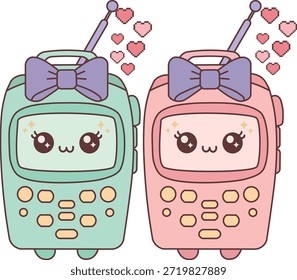 Vektorgrafik von zwei retro-artigen Kommunikationsgeräten in Pastellgrün und Rosa mit lächelnden Maskottchen-Gesichtern und Antennendetails. Professionelles Charakterdesign mit Herzakzenten, ideal für nostalgische digitale Objekte, romantische Social-Media-Grafiken und technisch-thematische Dekorationsmuster.