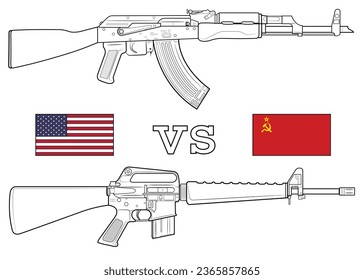 Ilustración vectorial de dos rifles, americano M16 vs soviet AK47, y banderas.