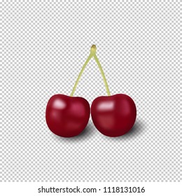 Vector illustration of two ripe cherries on plaid background with transparent shadow. EPS 10.