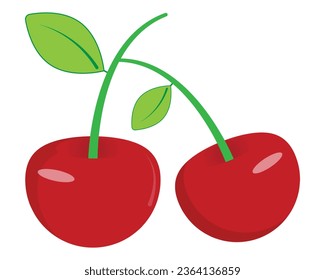 A vector illustration of two ripe cherries with a stem and leaves. This illustration is perfect for a variety of uses, such as food packaging, website design, or social media graphics.