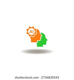 Vector illustration of two robot heads with gear wheel and AI acronym. Symbol of AI Artificial intelligence and virtual assistant. Icon of machine learning and innovation.