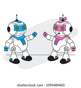 vector illustration of two robots, a boy and a girl greet