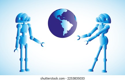 Vector illustration two robots construction, intelligent system, computer, world map, future earth technology background. Development Ai. Use for education, tech information.