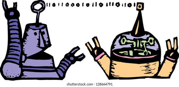 Vector illustration of two robots talking