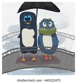 Vector illustration of two romantic penguins on the bridge in the rain