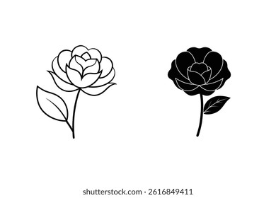 Vector Illustration Of Two Rose Flower Drawings In Line Art And Silhouette Style