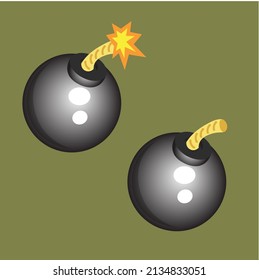 vector illustration of two round, cartoon-style bombs, one with a lit, sparking fuse and the other with an unlit fuse, symbolizing danger, urgency, or an impending event. Isolated on an olive green