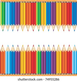 Vector illustration of two rows of multi colored pencils against a white background with space in between for text.