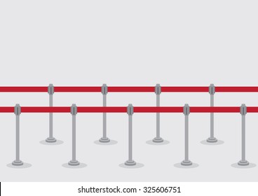 Vector Illustration Of Two Rows Of Queue Poles And Retractable Belt Barriers For Crowd Control And Queuing Lines Isolated On Grey Background.