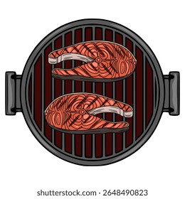 Ilustração vetorial de dois bifes de salmão grelhando em uma grelha redonda de churrasco, detalhada com padrões intrincados e uma superfície escura de grelha maroon.
