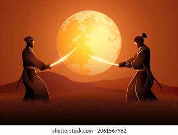 Vector illustration of two Samurai in duel stance facing each other on grass field during full moon