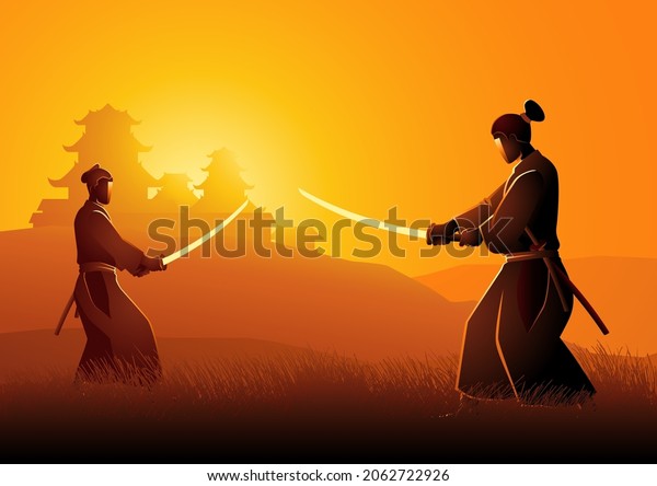 Vector illustration of two Samurai in duel\
stance facing each other on grass\
field