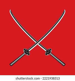 Ilustración vectorial de dos espadas samurái cruzadas como en un duelo sobre un fondo rojo