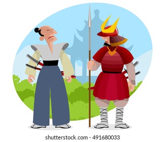 Vector illustration of a two samurais in Japan