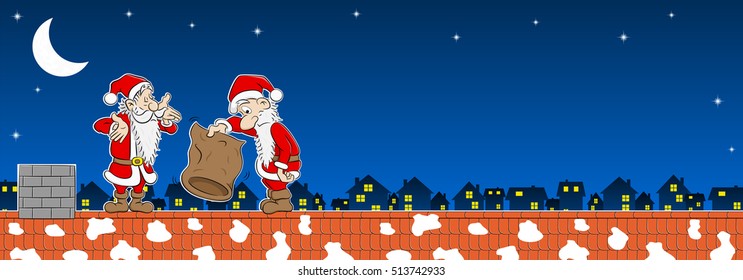 vector illustration of two santa claus with empty bag on a rooftop