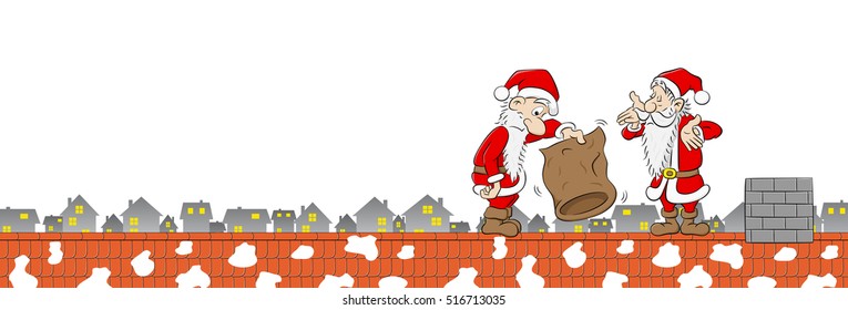 vector illustration of two santa claus with empty bag on a rooftop