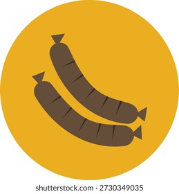 Una Ilustración vectorial de dos salchichas en un estilo minimalista y plano, sobre un fondo circular amarillo-naranja. Las salchichas representan carne a la parrilla o a la barbacoa, comúnmente asociada con la cocina alemana, la Oktoberfest y las comidas de verano. Este gráfico es ideal para usar como icono, diseño de menú o ilustración digital.