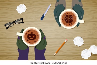 Ilustração vetorial de dois amigos assustadores bebendo uma xícara de café quente, vista superior em uma mesa em um café com mãos bruxas e zumbis. Outono do halloween. Apoio amigável em tempos difíceis. Queda escura.