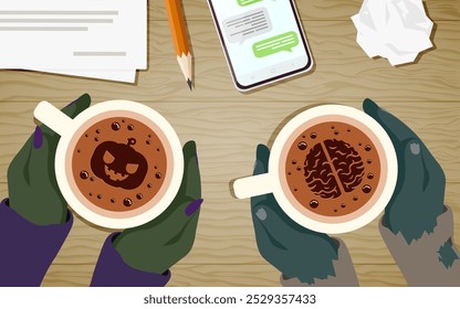 Ilustración vectorial de dos amigos aterradores bebiendo una taza de café caliente, vista de la mesa del café con manos de bruja y zombi. Halloween de otoño. Asuntos de trabajo con documentos. Otoño oscuro.