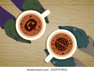 Ilustración vectorial de dos amigos aterradores bebiendo una taza de café caliente, vista de la mesa del café con manos de bruja y zombi. Halloween de otoño. Asistencia amistosa en tiempos difíciles. Otoño oscuro.