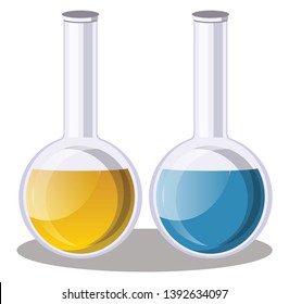 Vector illustration of two science beakers with yellow and blue fluid on white background.
