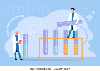 Ilustración vectorial de dos científicos con equipos de laboratorio, tubos de ensayo y estructuras de ADN, que representan la investigación médica.