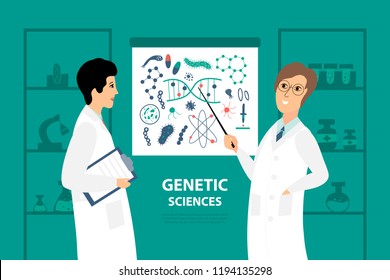 Vector illustration with two scientists in the laboratory. Health and biochemistry laboratory of nanotechnology.