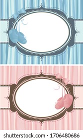 A vector illustration of two scrapbook style ornate oval frames with baby booties in both pink for a girl and blue for a boy