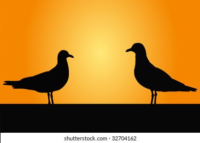 Vector illustration of two sea gulls against a sun set.