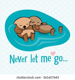 Vector illustration with two sea otters holding their paws in the dream that they are not separated by the stream