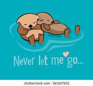 Vector illustration with two sea otters holding their paws in the dream that they are not separated by the stream