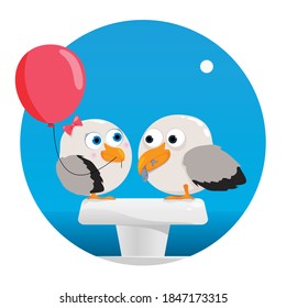 vector illustration of two seagulls sitting on a bollard