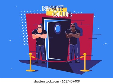 Vector Illustration Of Two Security Guards Standing At The Entrance To A Slightly Open Door To A Night Club, A Barrier In Front Of The Entrance, Face Control