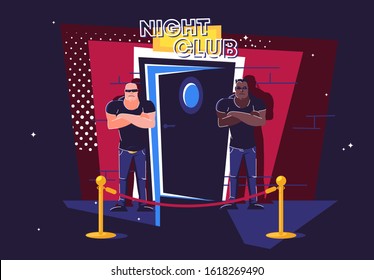 Vector Illustration Of Two Security Guards Standing At Night At The Entrance To The Half-open Door Of A Night Club, A Barrier In Front Of The Entrance, Face Control