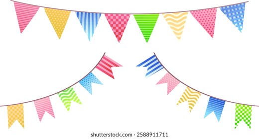 A vector illustration of two sets of colorful festive bunting flags garland with different patterns, including stripes, polka dots, and checkered designs. Ideal for party decorations, birthday